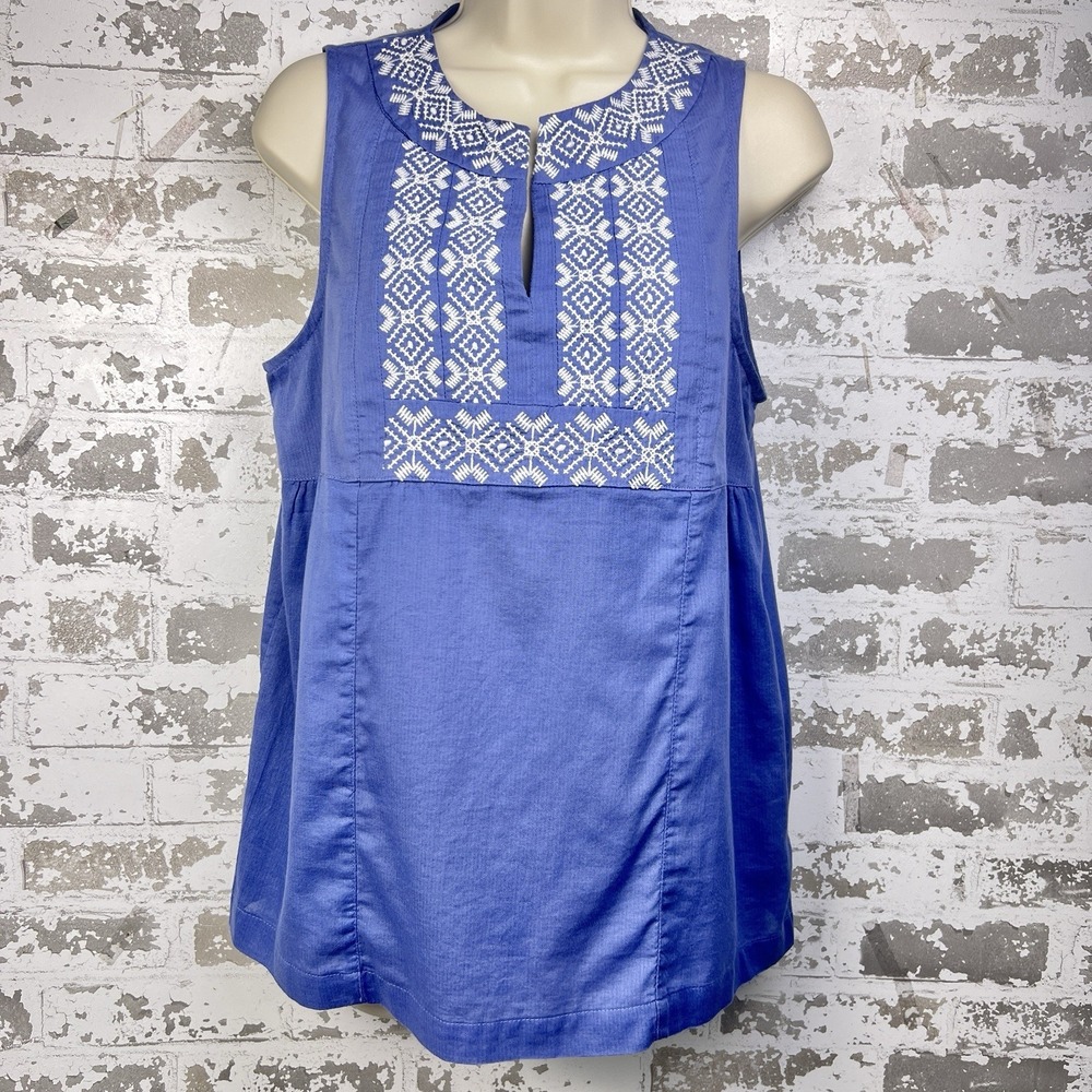 Old Navy Blue Embroidered Sleeveless Pleated Tunic Peasant Top Sz S Tall Sheer